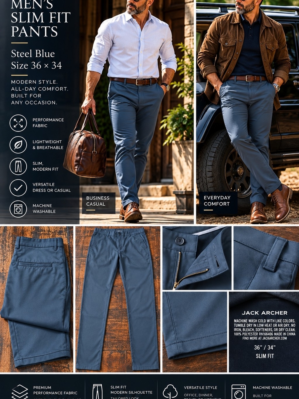 JACK ARCHER MEN’S SLIM FIT PERFORMANCE PANTS STEEL BLUE 36x34